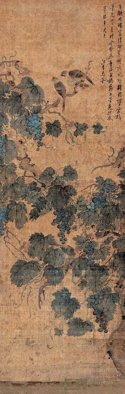 马荃(款) 葡萄麻雀 立轴 118×39cm.
